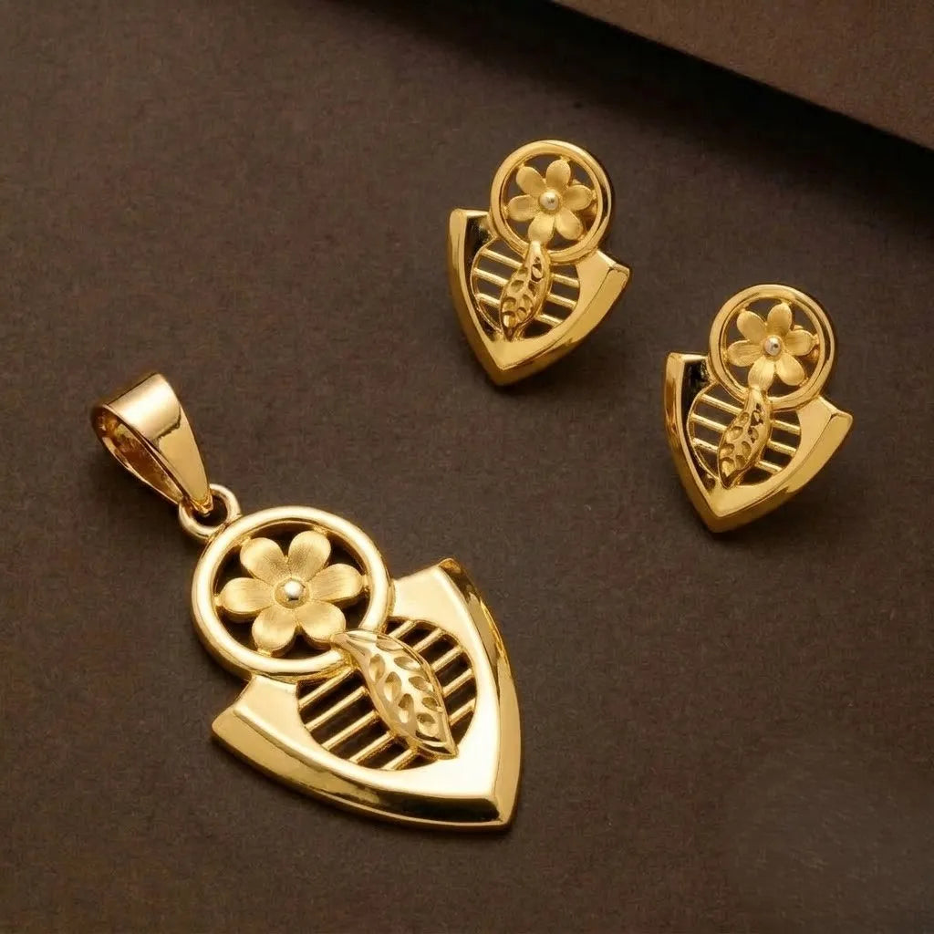Marvel Silver 9K Gold Floral Pendant Necklace Set with Matching Stud Earrings for Women and Girls, Elegant Traditional Design, Chain Not Included