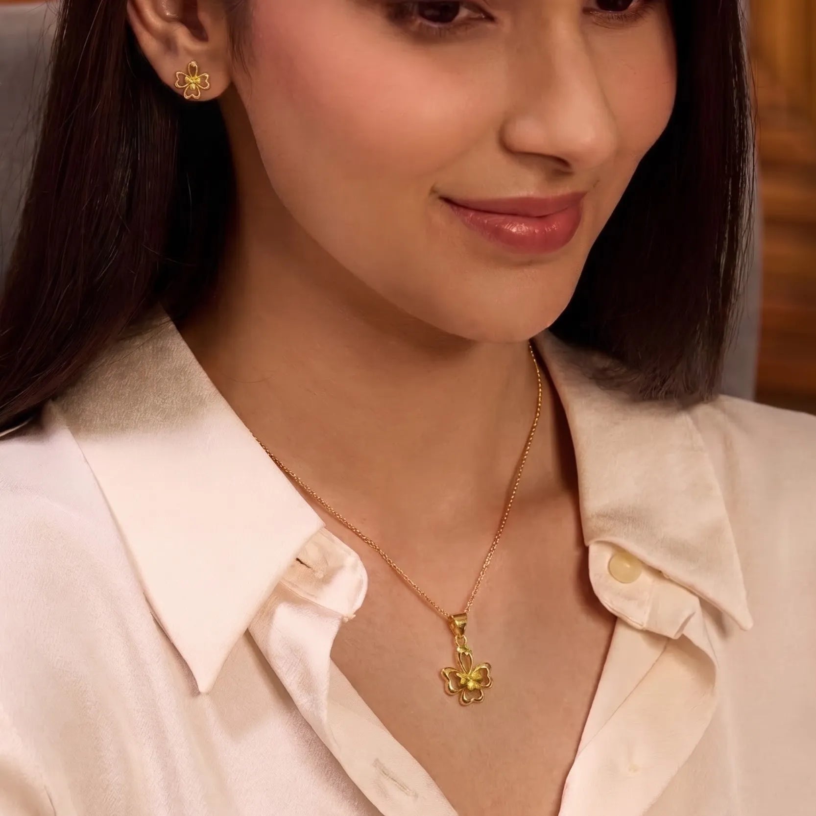 Marvel Silver 9K Gold Floral Pendant Necklace Set with Matching Earrings for Women and Girls, Gold Finish, Chain Not Included