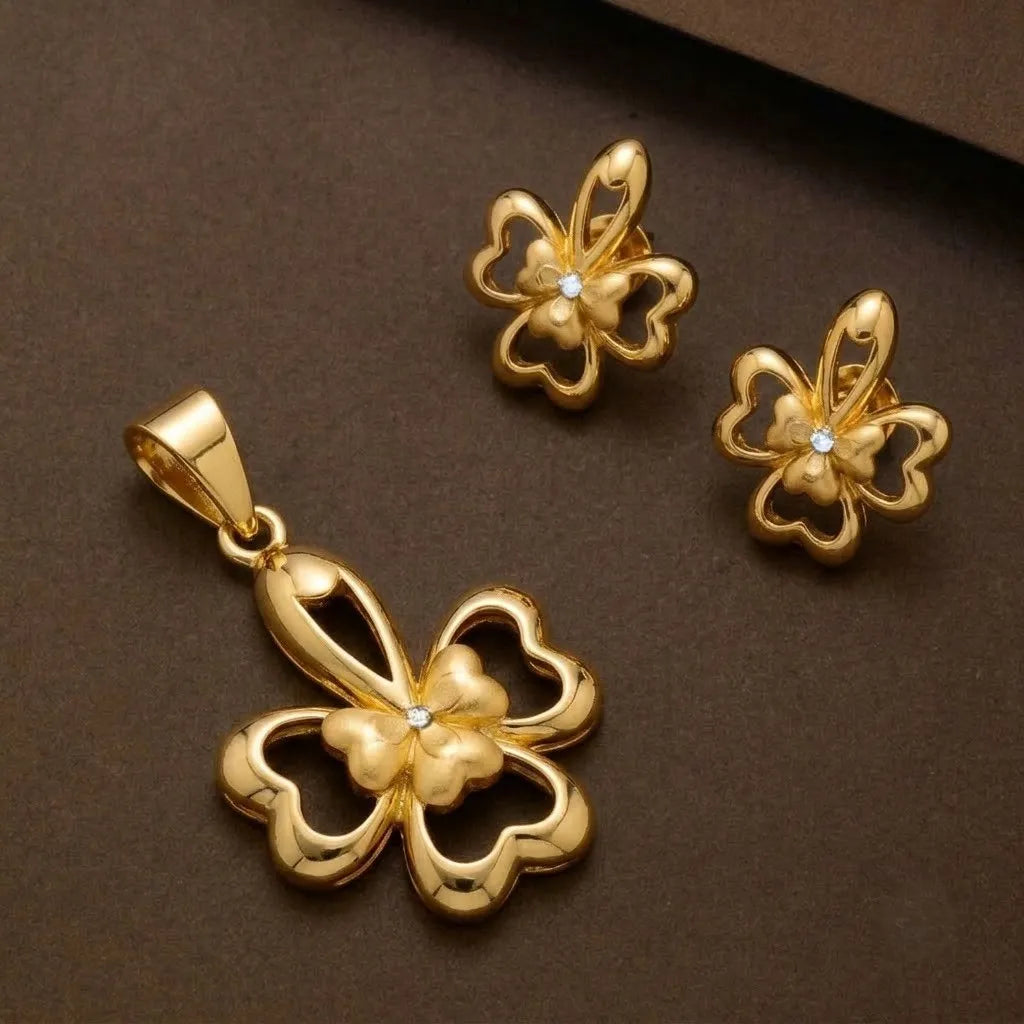 Marvel Silver 9K Gold Floral Pendant Necklace Set with Matching Earrings for Women and Girls, Gold Finish, Chain Not Included