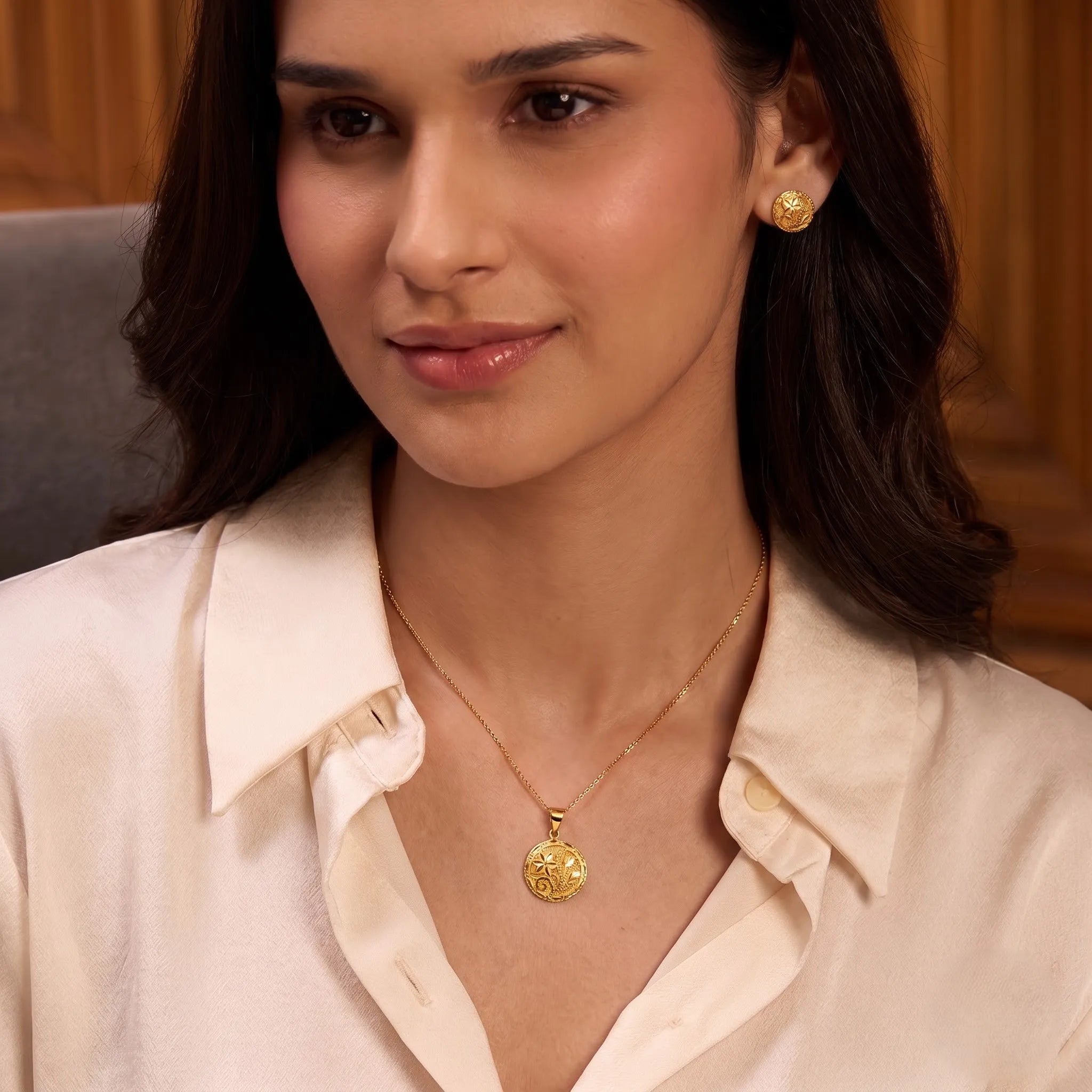Marvel Silver 9K Gold Floral Round Necklace Set with Matching Earrings for Women and Girls, Elegant Floral Design, Chain Not Included