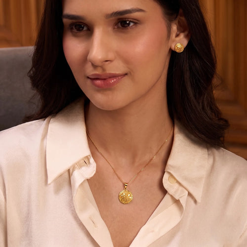 Marvel Silver 9K Gold Floral Round Necklace Set with Matching Earrings for Women and Girls, Elegant Floral Design, Chain Not Included