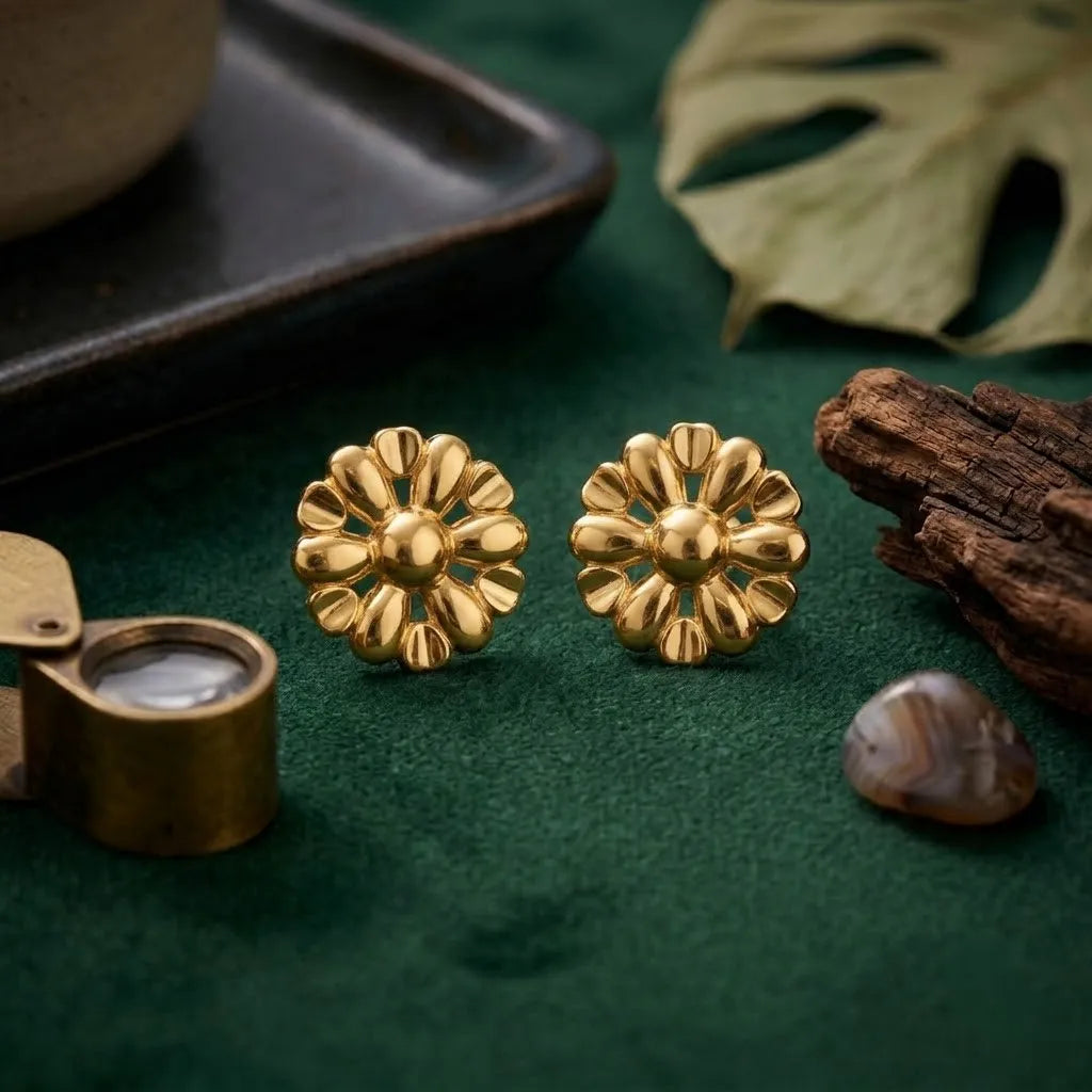 Marvel Silver 9K gold floral stud earrings with a flower design for women and girls, elegant lightweight gold jewelry for everyday wear.