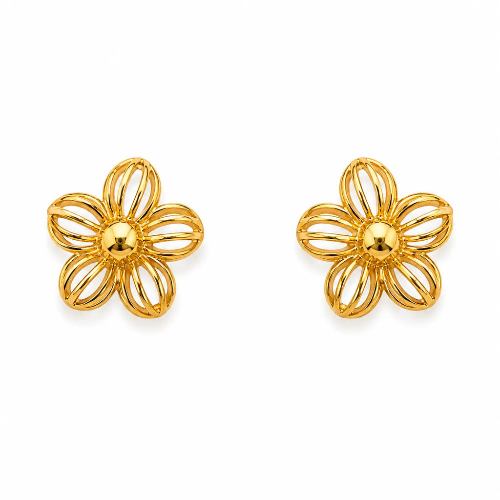 Marvel Silver 9K gold floral stud earrings for women and girls with an elegant open-petal flower design, lightweight earrings for everyday and festive wear.