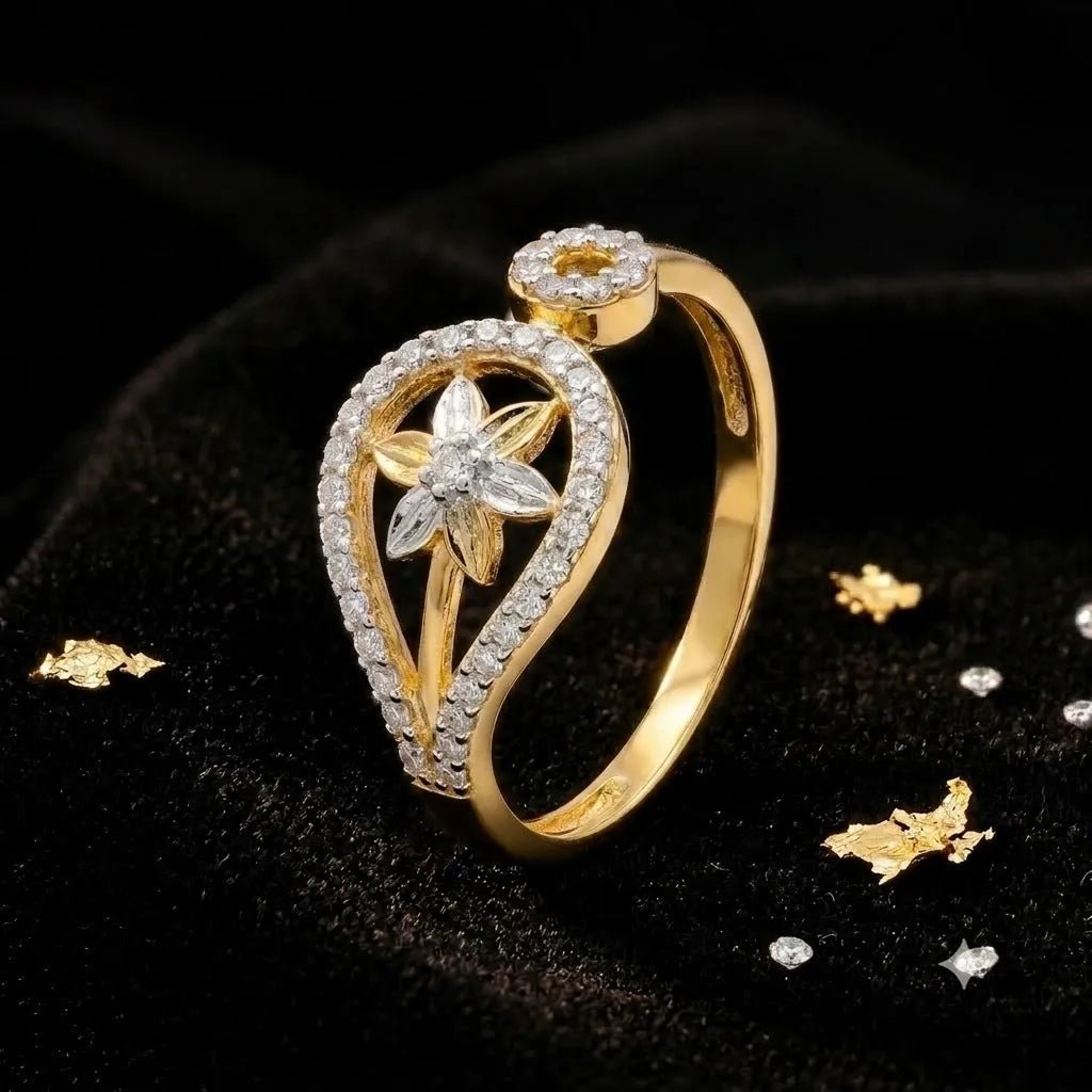 9K gold floral teardrop crystal ring for girls with white stone border and flower centre motif by Marvel Silver.