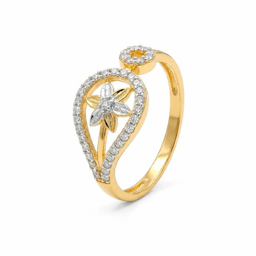 9K gold floral teardrop crystal ring for girls with white stone border and flower centre motif by Marvel Silver.
