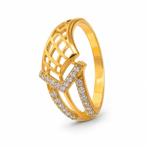9K gold geometric crystal ring for girls with open lattice design and white stone-studded crossover detail by Marvel Silver.