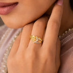 9K gold geometric crystal ring for girls with open lattice design and white stone-studded crossover detail by Marvel Silver.