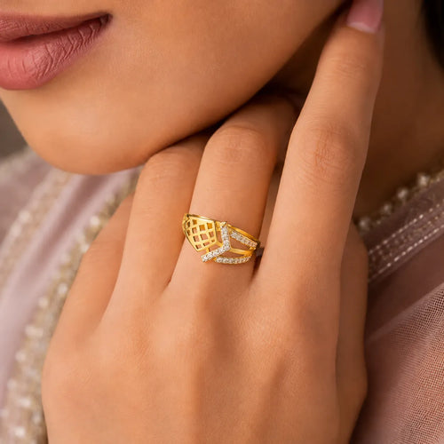 9K gold geometric crystal ring for girls with open lattice design and white stone-studded crossover detail by Marvel Silver.