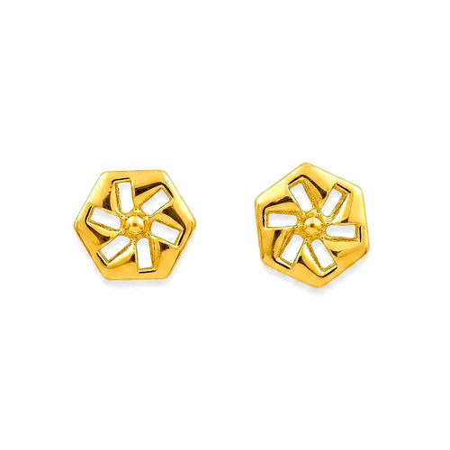 Marvel Silver 9K Gold geometric floral stud earrings for girls featuring a modern hexagonal frame with an elegant floral-inspired cutout design.