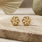 Marvel Silver 9K Gold geometric floral stud earrings for girls featuring a modern hexagonal frame with an elegant floral-inspired cutout design.