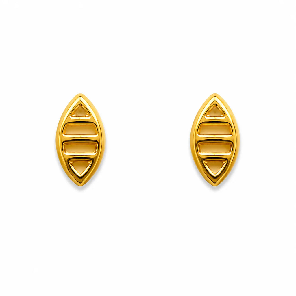 Marvel Silver 9K Gold geometric marquise stud earrings for girls featuring a sleek minimalist designer pattern with a polished gold finish.