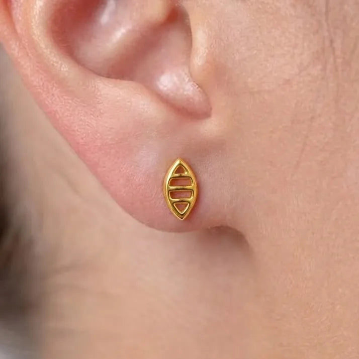 Marvel Silver 9K Gold geometric marquise stud earrings for girls featuring a sleek minimalist designer pattern with a polished gold finish.
