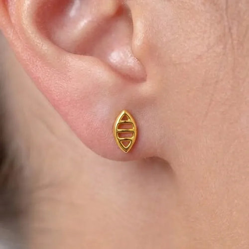 Marvel Silver 9K Gold geometric marquise stud earrings for girls featuring a sleek minimalist designer pattern with a polished gold finish.