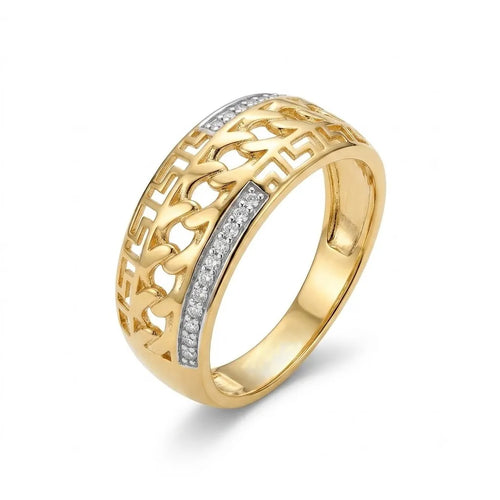 9K gold Greek chain crystal ring for men with wide polished band, white stone strip and Greek pattern detailing by Marvel Silver.