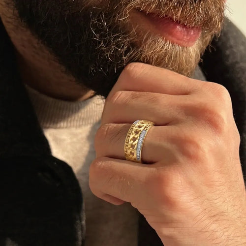 9K gold Greek chain crystal ring for men with wide polished band, white stone strip and Greek pattern detailing by Marvel Silver.