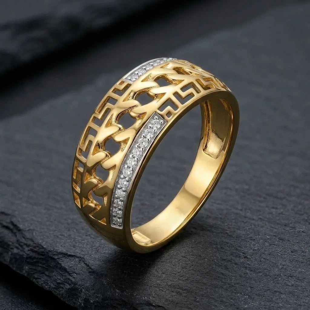 9K gold Greek chain crystal ring for men with wide polished band, white stone strip and Greek pattern detailing by Marvel Silver.