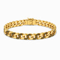 9K gold Greek pattern Cuban link bracelet for men with polished gold links, black engraved detailing and secure clasp by Marvel Silver.
