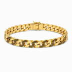 9K gold Greek pattern Cuban link bracelet for men with polished gold links, black engraved detailing and secure clasp by Marvel Silver.
