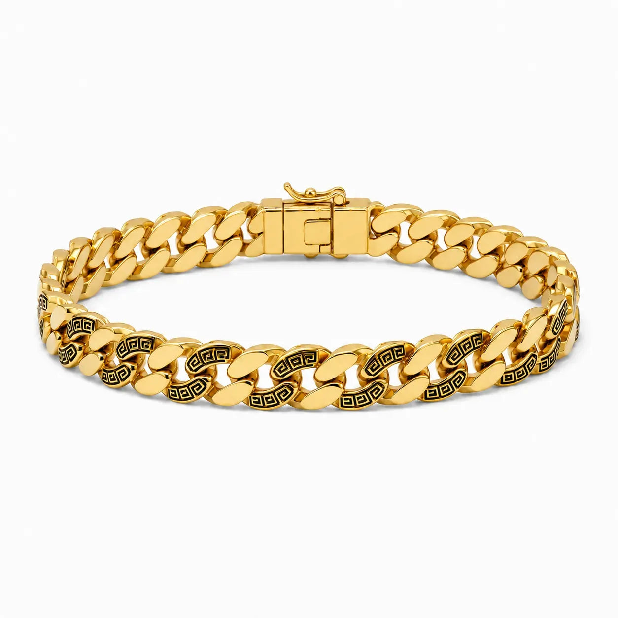 9K gold Greek pattern Cuban link bracelet for men with polished gold links, black engraved detailing and secure clasp by Marvel Silver.