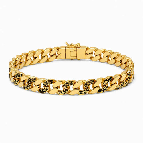 9K gold Greek pattern Cuban link bracelet for men with polished gold links, black engraved detailing and secure clasp by Marvel Silver.