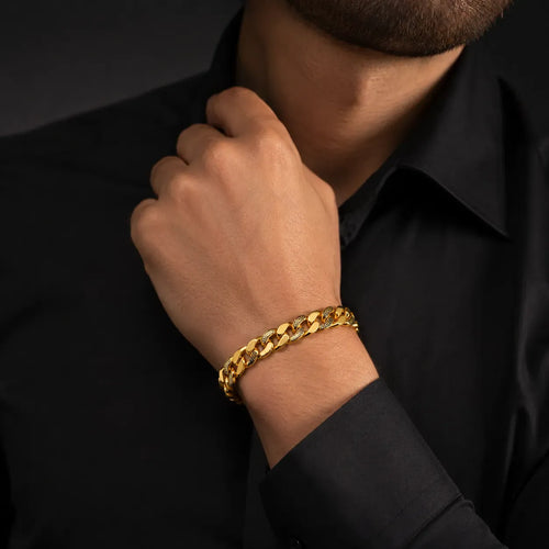 9K gold Greek pattern Cuban link bracelet for men with polished gold links, black engraved detailing and secure clasp by Marvel Silver.