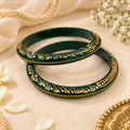 Marvel Silver 9K Gold Green Meenakari Floral Traditional Bangles Pair with Dark Green Enamel, Golden Leaf Motifs and Colourful Floral Detailing