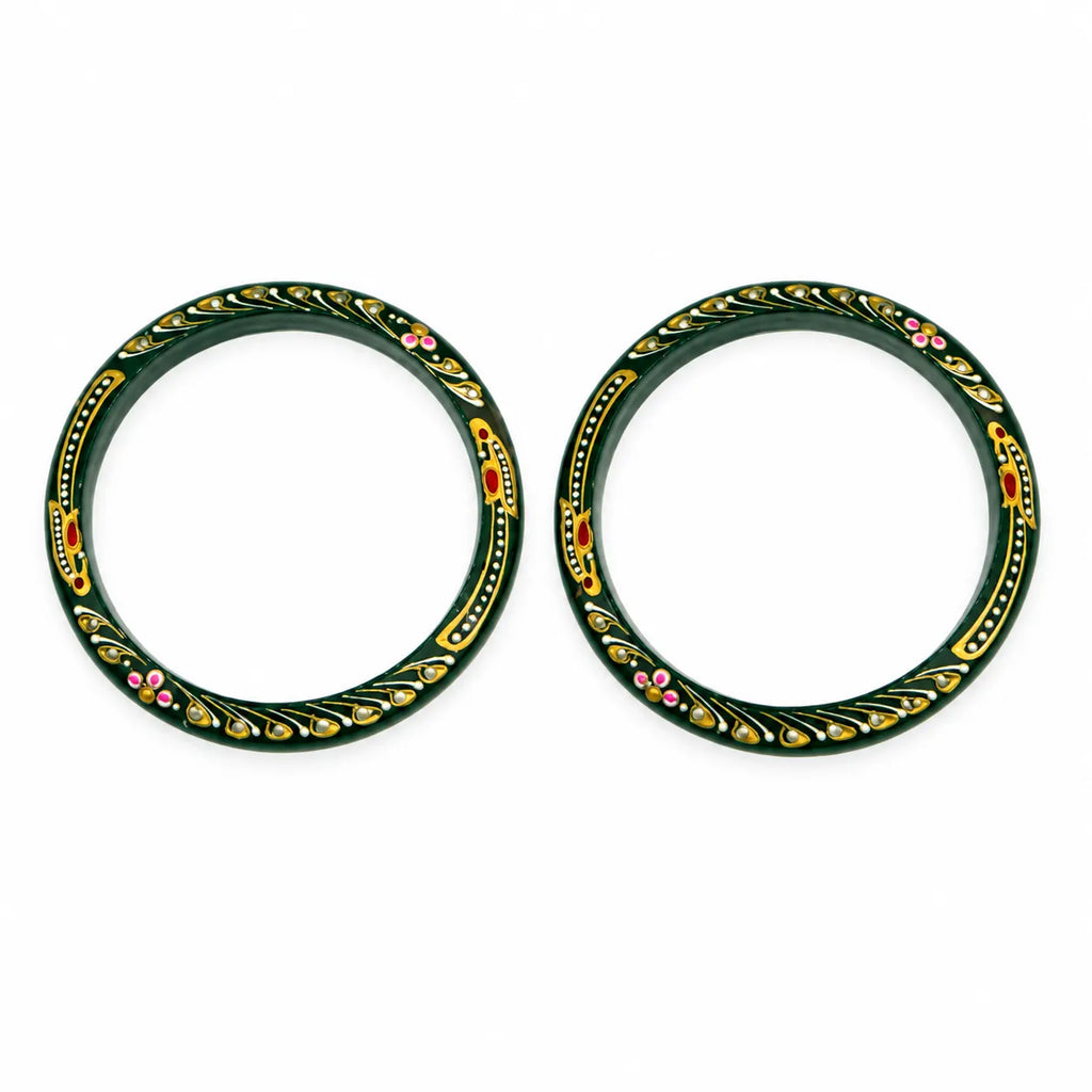 Marvel Silver 9K Gold Green Meenakari Floral Traditional Bangles Pair with Dark Green Enamel, Golden Leaf Motifs and Colourful Floral Detailing