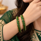 Marvel Silver 9K Gold Green Meenakari Floral Traditional Bangles Pair with Dark Green Enamel, Golden Leaf Motifs and Colourful Floral Detailing