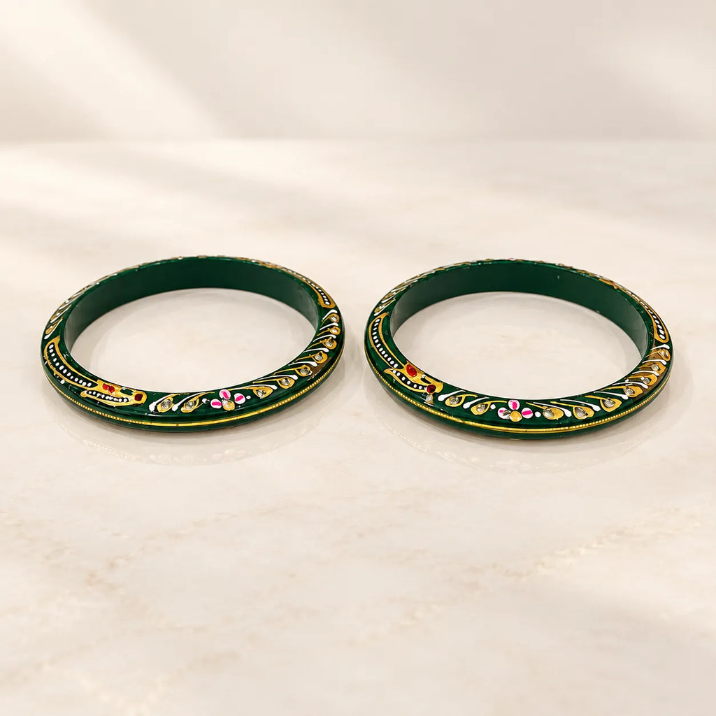 Marvel Silver 9K Gold Green Meenakari Floral Traditional Bangles Pair with Dark Green Enamel, Golden Leaf Motifs and Colourful Floral Detailing