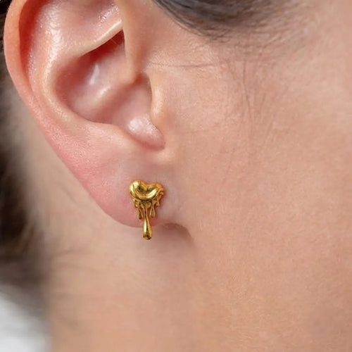 Marvel Silver 9K Gold heart drop stud earrings for girls featuring a modern heart-inspired design with an artistic dripping pattern.