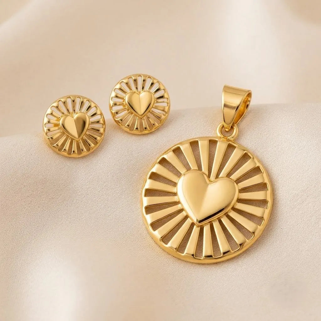 Marvel Silver 9K Gold Heart Necklace Set with Matching Earrings for Women and Girls, Circular Heart Design, Chain Not Included