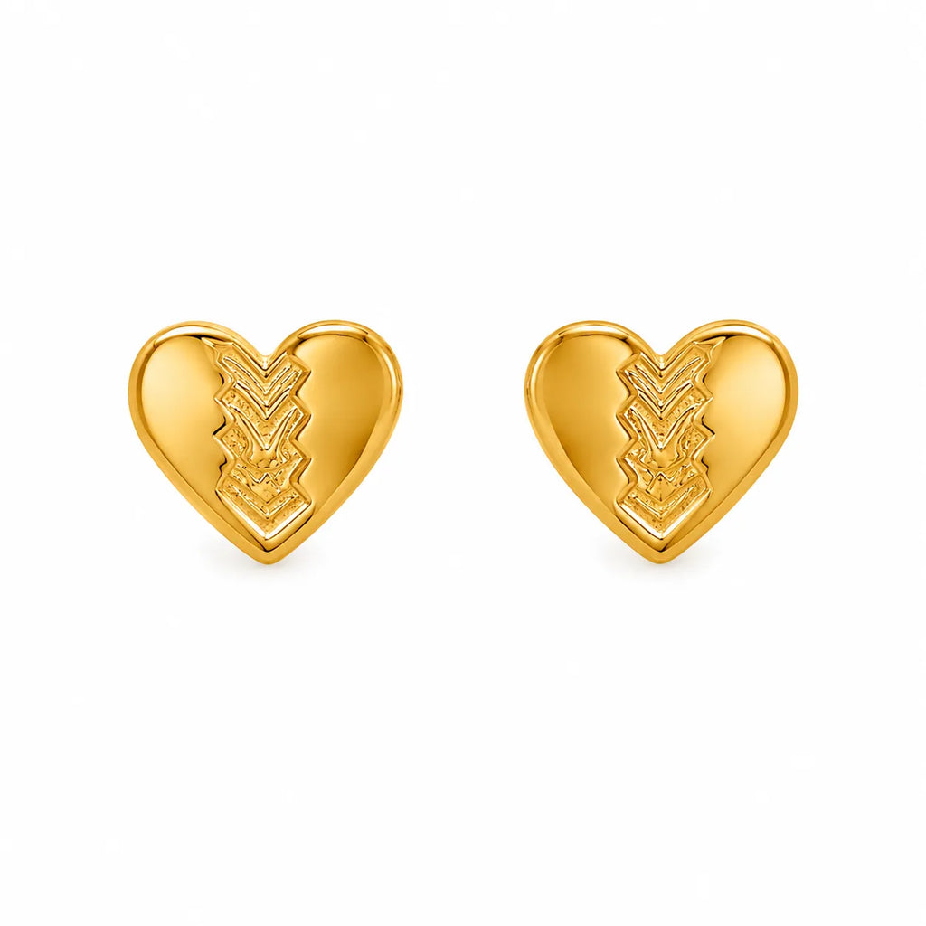 Marvel Silver 9K gold heart stud earrings with an engraved design for women and girls, lightweight gold earrings for everyday and festive wear.