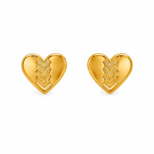 Marvel Silver 9K gold heart stud earrings with an engraved design for women and girls, lightweight gold earrings for everyday and festive wear.