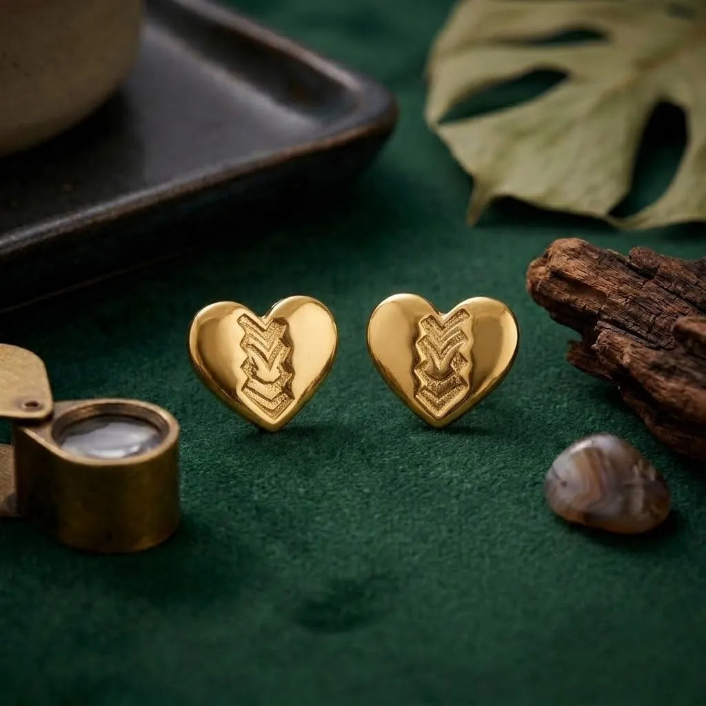 Marvel Silver 9K gold heart stud earrings with an engraved design for women and girls, lightweight gold earrings for everyday and festive wear.