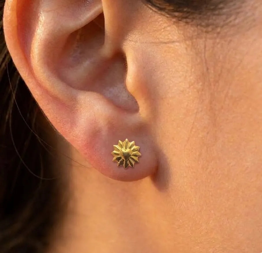 Marvel Silver 9K Gold heart sunburst stud earrings for girls featuring a radiant geometric design for everyday and festive wear.