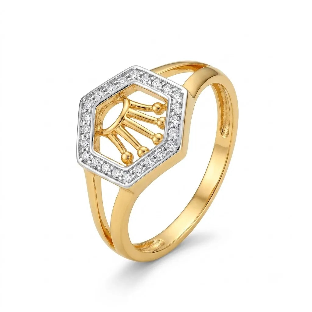 9K gold hexagon crown crystal ring for girls with white stone border and polished gold finish by Marvel Silver.