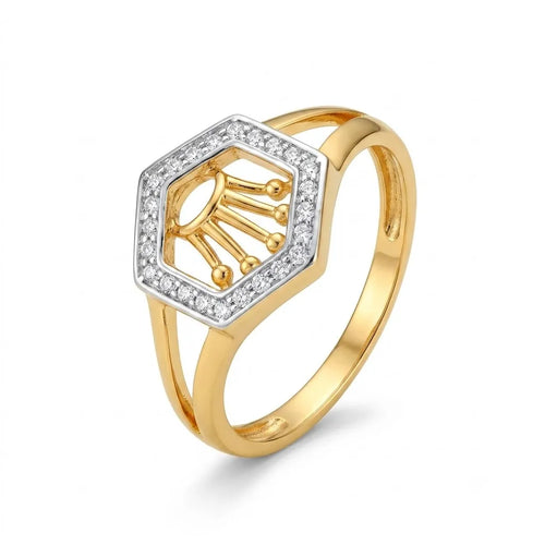 9K gold hexagon crown crystal ring for girls with white stone border and polished gold finish by Marvel Silver.