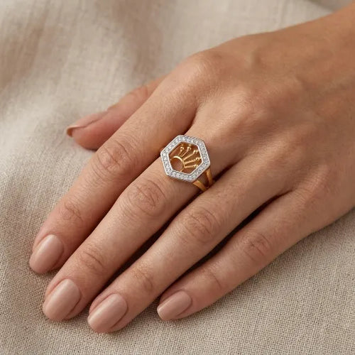 9K gold hexagon crown crystal ring for girls with white stone border and polished gold finish by Marvel Silver.