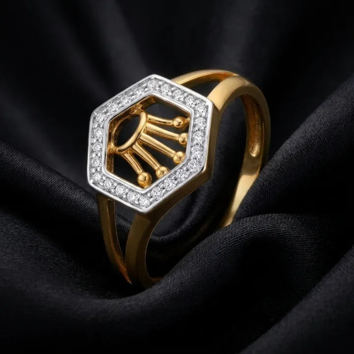 9K gold hexagon crown crystal ring for girls with white stone border and polished gold finish by Marvel Silver.