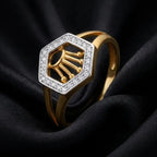 9K gold hexagon crown crystal ring for girls with white stone border and polished gold finish by Marvel Silver.