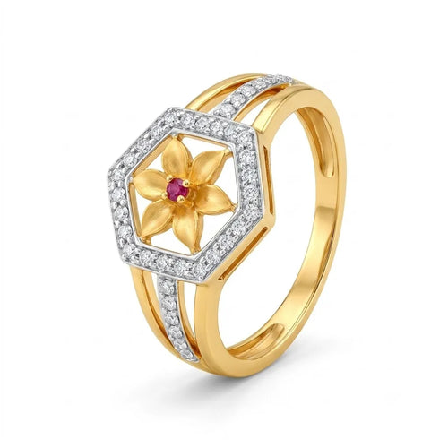 9K gold hexagon floral crystal ring for girls with pink centre stone and white crystal border by Marvel Silver.
