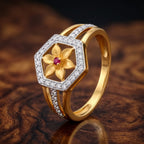 9K gold hexagon floral crystal ring for girls with pink centre stone and white crystal border by Marvel Silver.