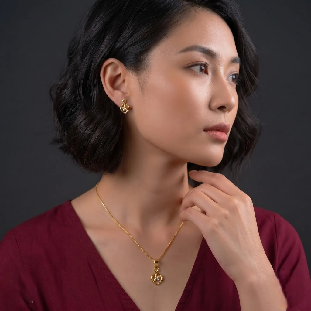 Marvel Silver 9K Gold Infinity Floral Necklace Set with Matching Earrings, Dual-Tone Designer Pendant Set for Women, Chain Not Included