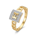 9K gold initial H crystal chain ring for men with square white stone-studded top and polished gold chain-link band by Marvel Silver.