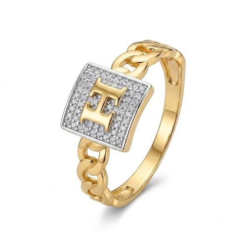 9K gold initial H crystal chain ring for men with square white stone-studded top and polished gold chain-link band by Marvel Silver.