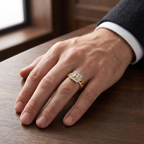 9K gold initial H crystal chain ring for men with square white stone-studded top and polished gold chain-link band by Marvel Silver.