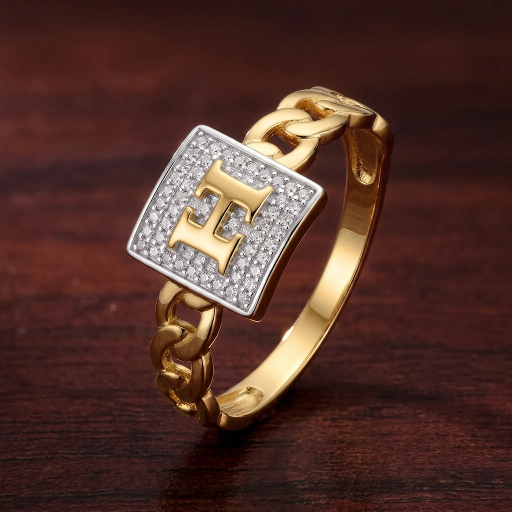 9K gold initial H crystal chain ring for men with square white stone-studded top and polished gold chain-link band by Marvel Silver.