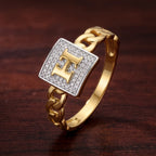 9K gold initial H crystal chain ring for men with square white stone-studded top and polished gold chain-link band by Marvel Silver.