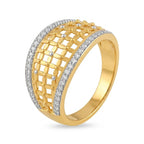 9K gold lattice crystal ring for girls with wide openwork mesh design and white stone-studded borders by Marvel Silver.
