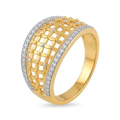 9K gold lattice crystal ring for girls with wide openwork mesh design and white stone-studded borders by Marvel Silver.